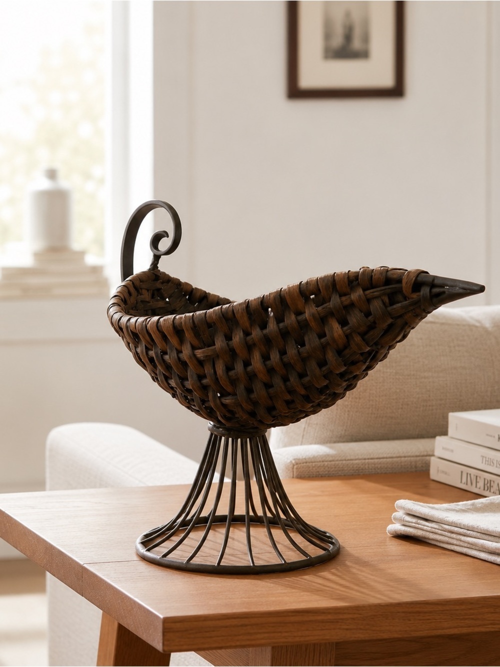 Woven Rattan Wrought Iron Fruit Basket Pedestal Stand Centerpiece MCM Boho - Picture 2 of 7